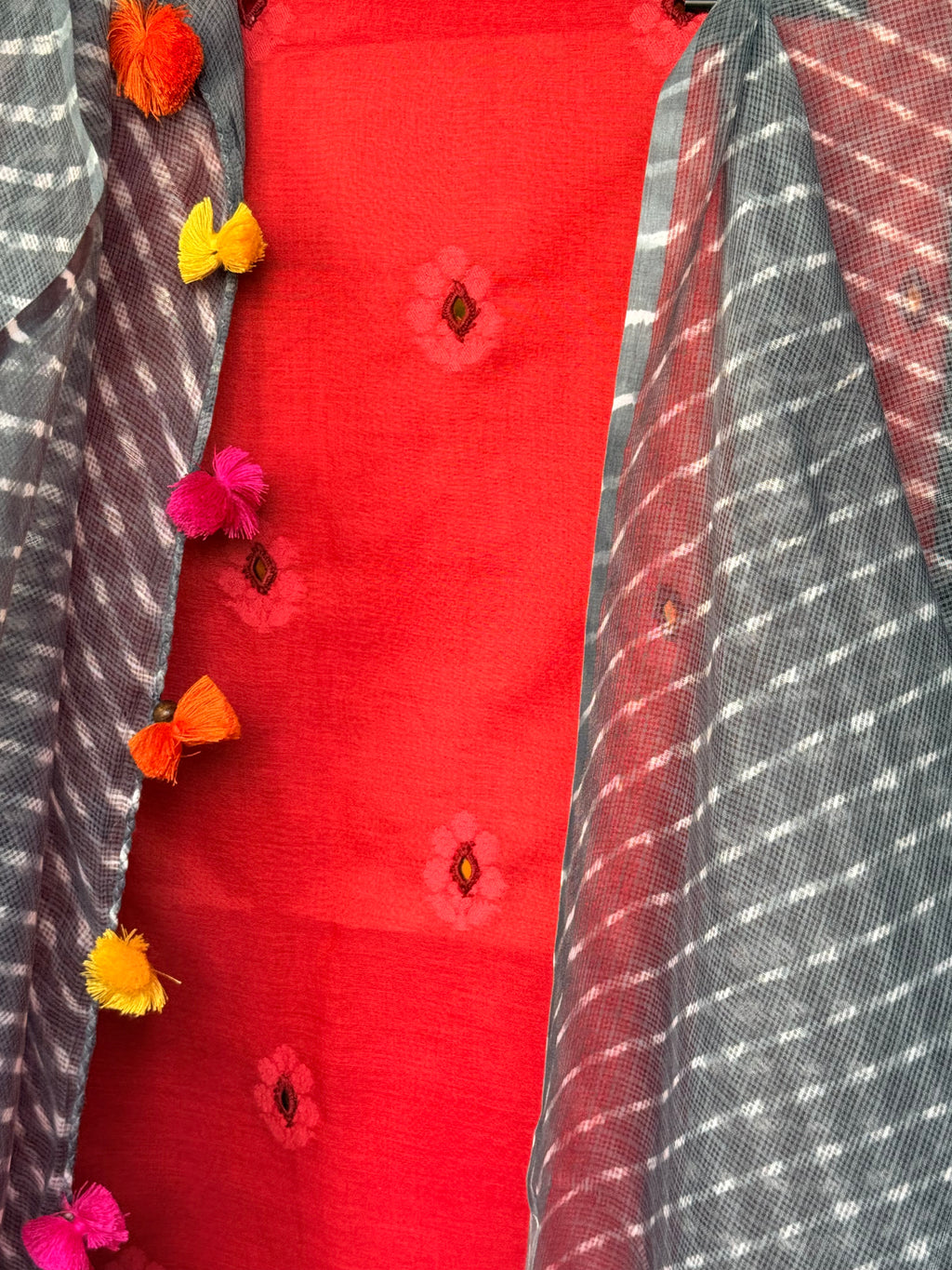 JacquardChanderi mirror work kurta with lehriya dupatta