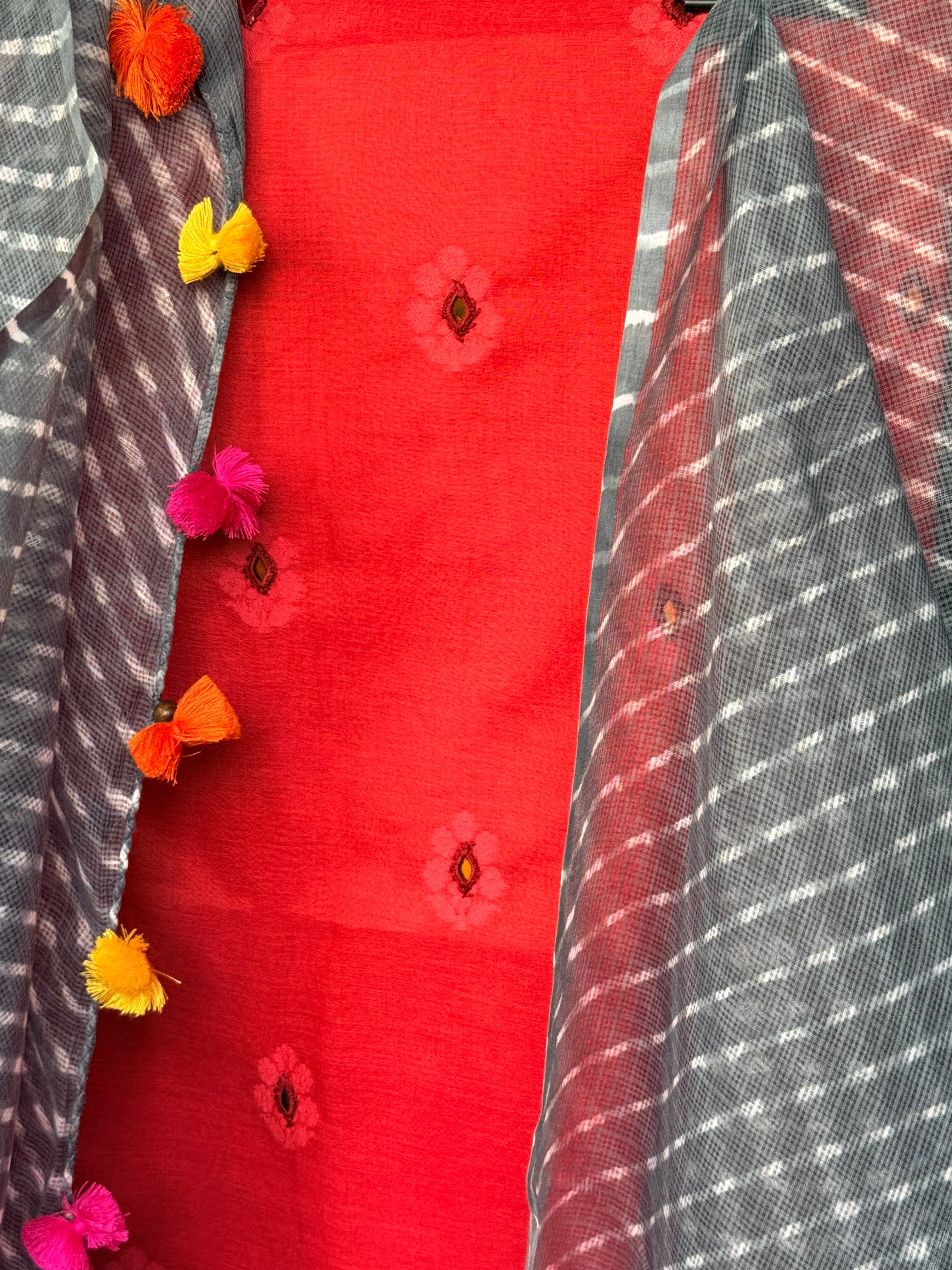 JacquardChanderi mirror work kurta with lehriya dupatta