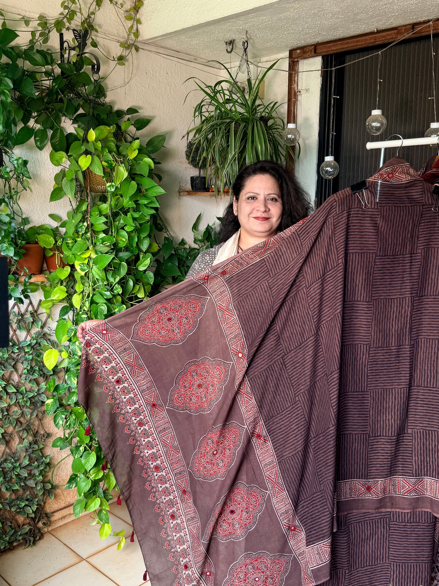 Pure cotton mirror work Ajrakh Brown