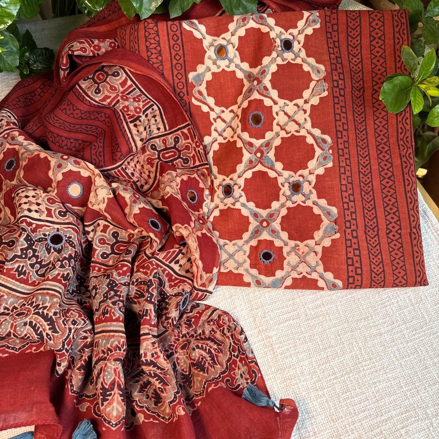 Pure cotton mirror work Ajrakh Red