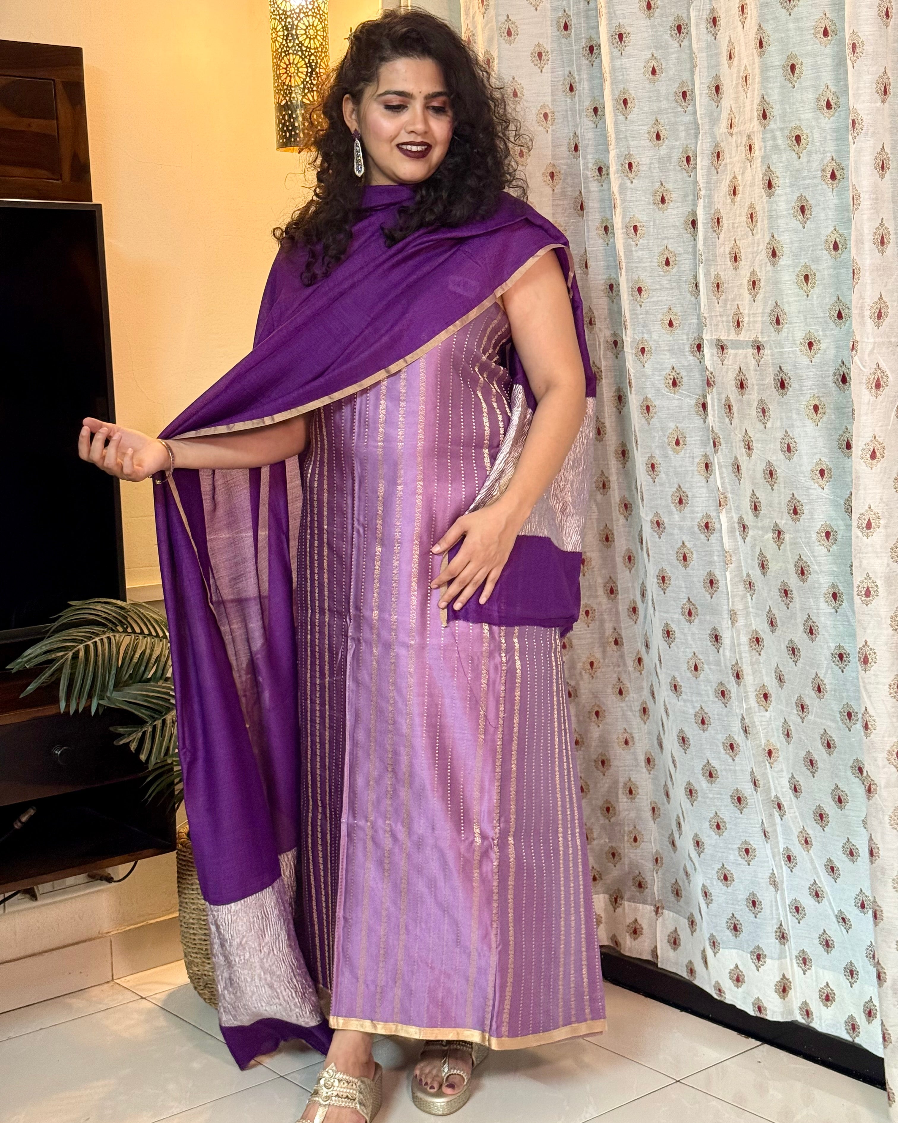 Mashru silk kurta with moonga silk dupatta light purple with dark purple