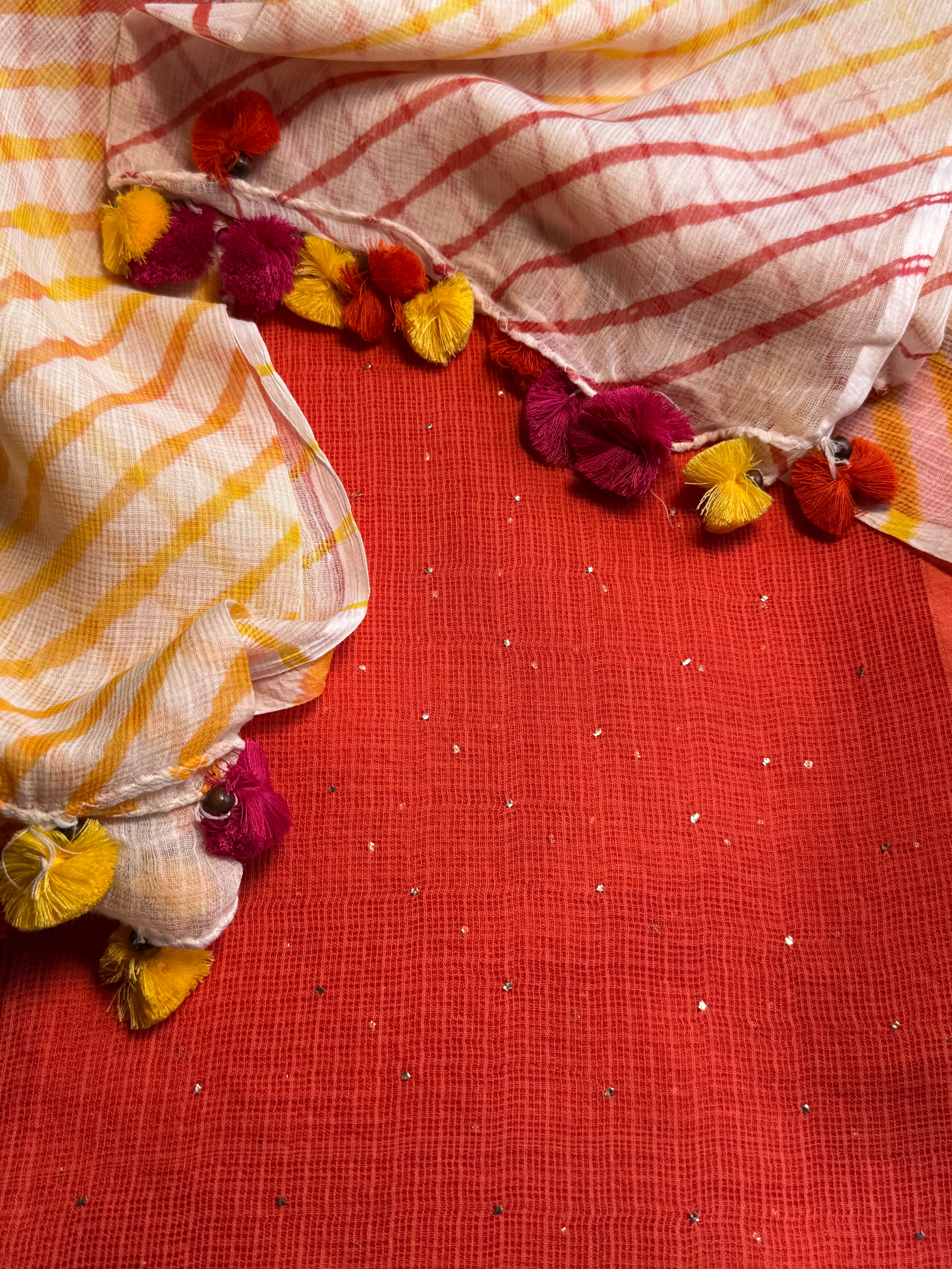 Pure kota Mukaish work kurta with kota dupatta- Fanta orange