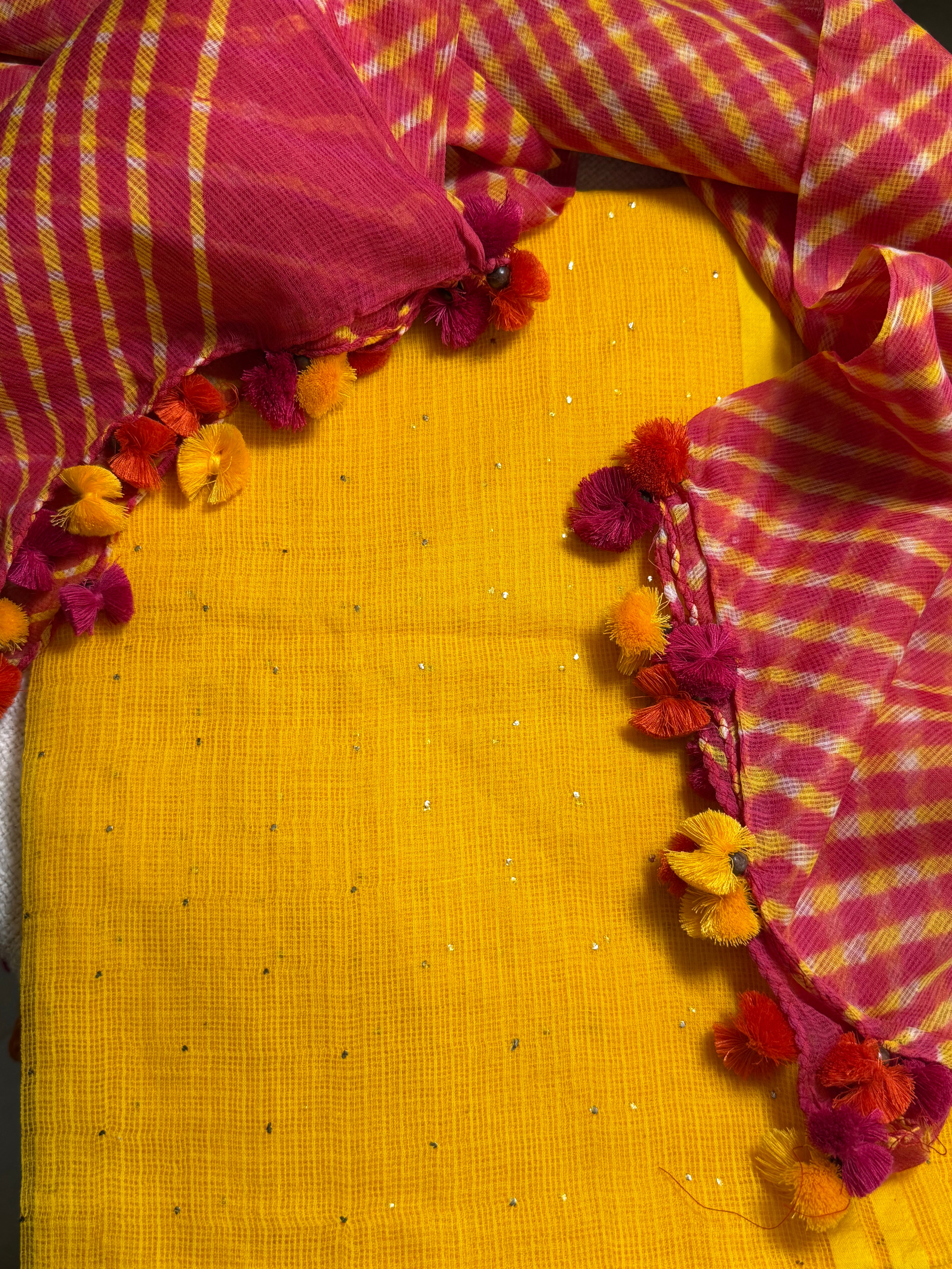 Pure kota Mukaish work kurta with kota dupatta- basanti yellow