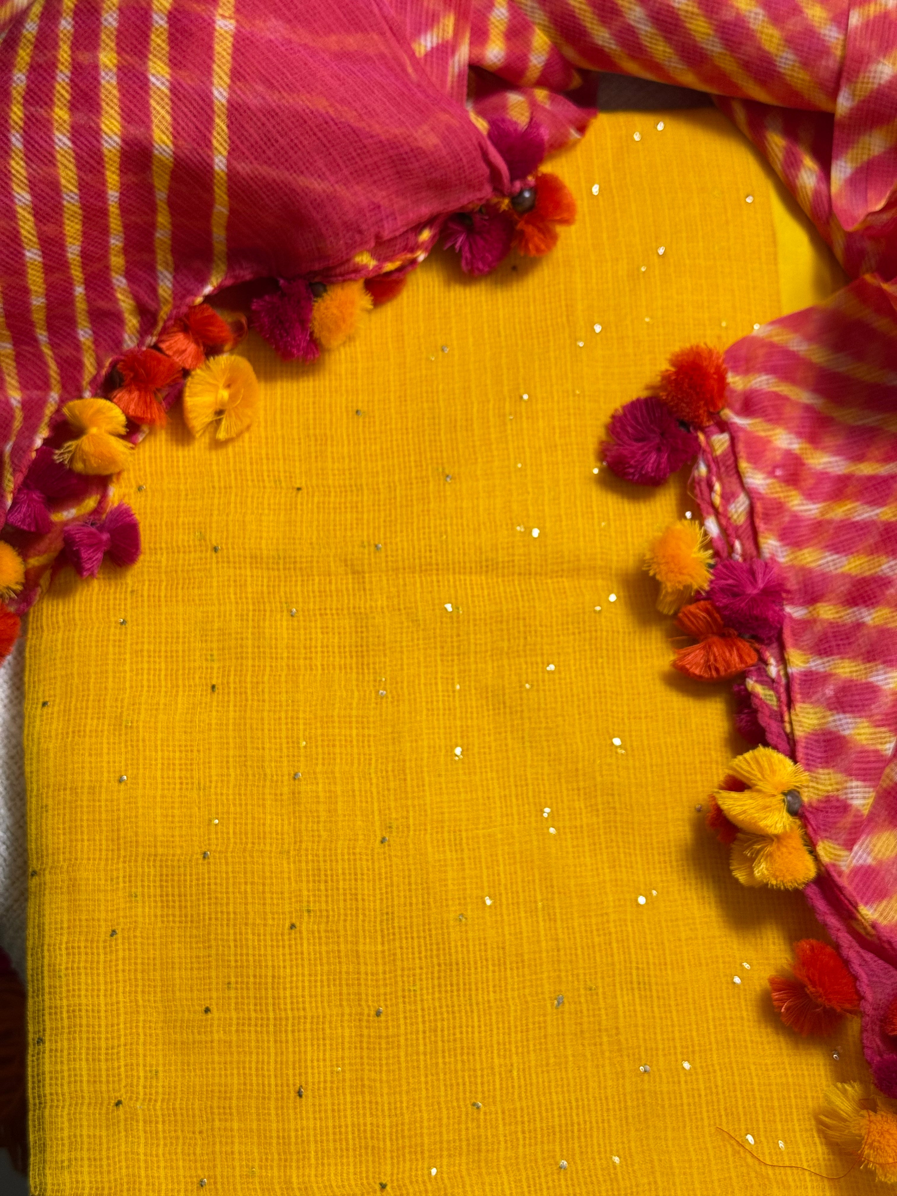Pure kota Mukaish work kurta with kota dupatta- basanti yellow