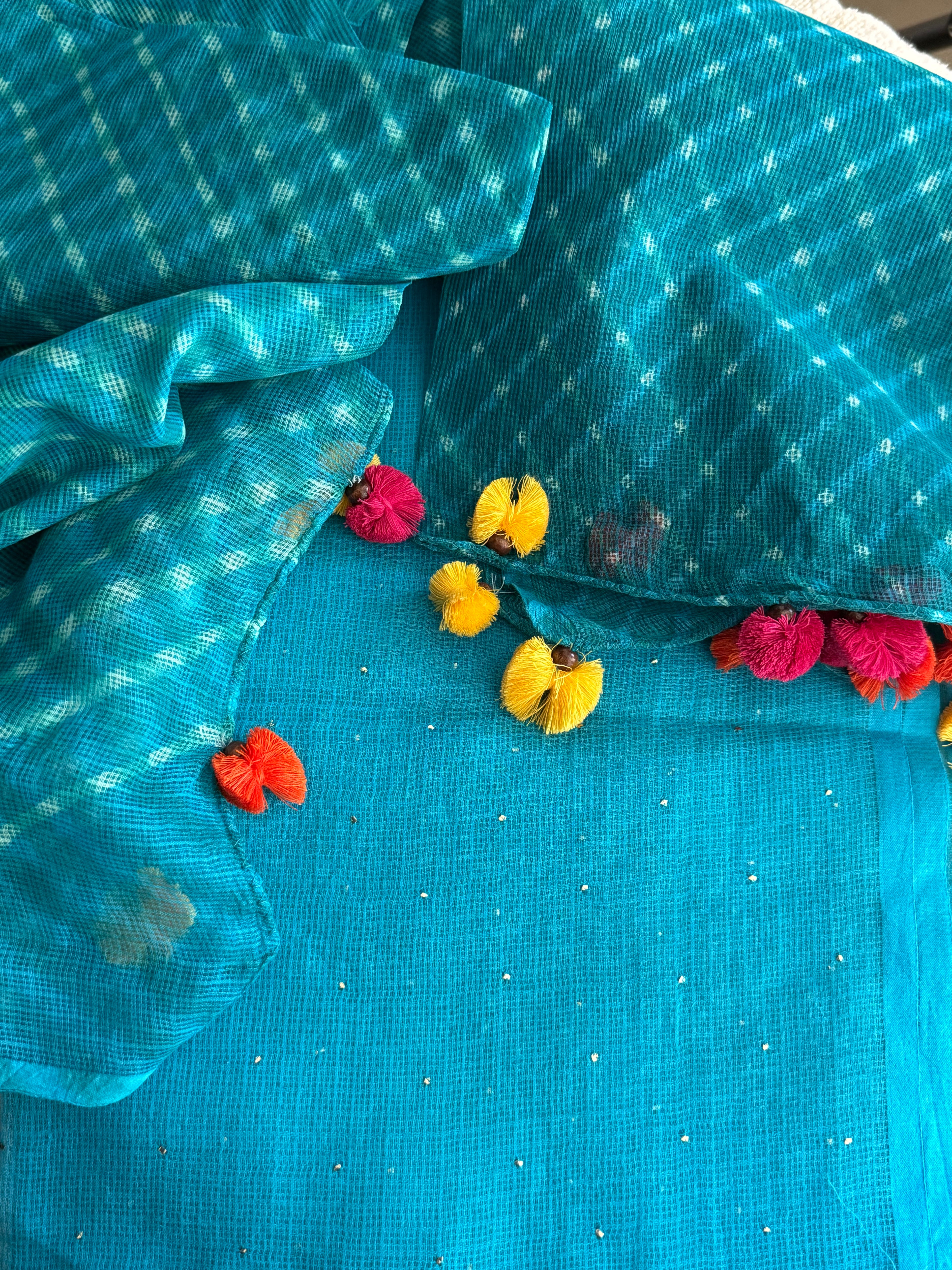 Pure kota Mukaish work kurta with kota dupatta- firozi