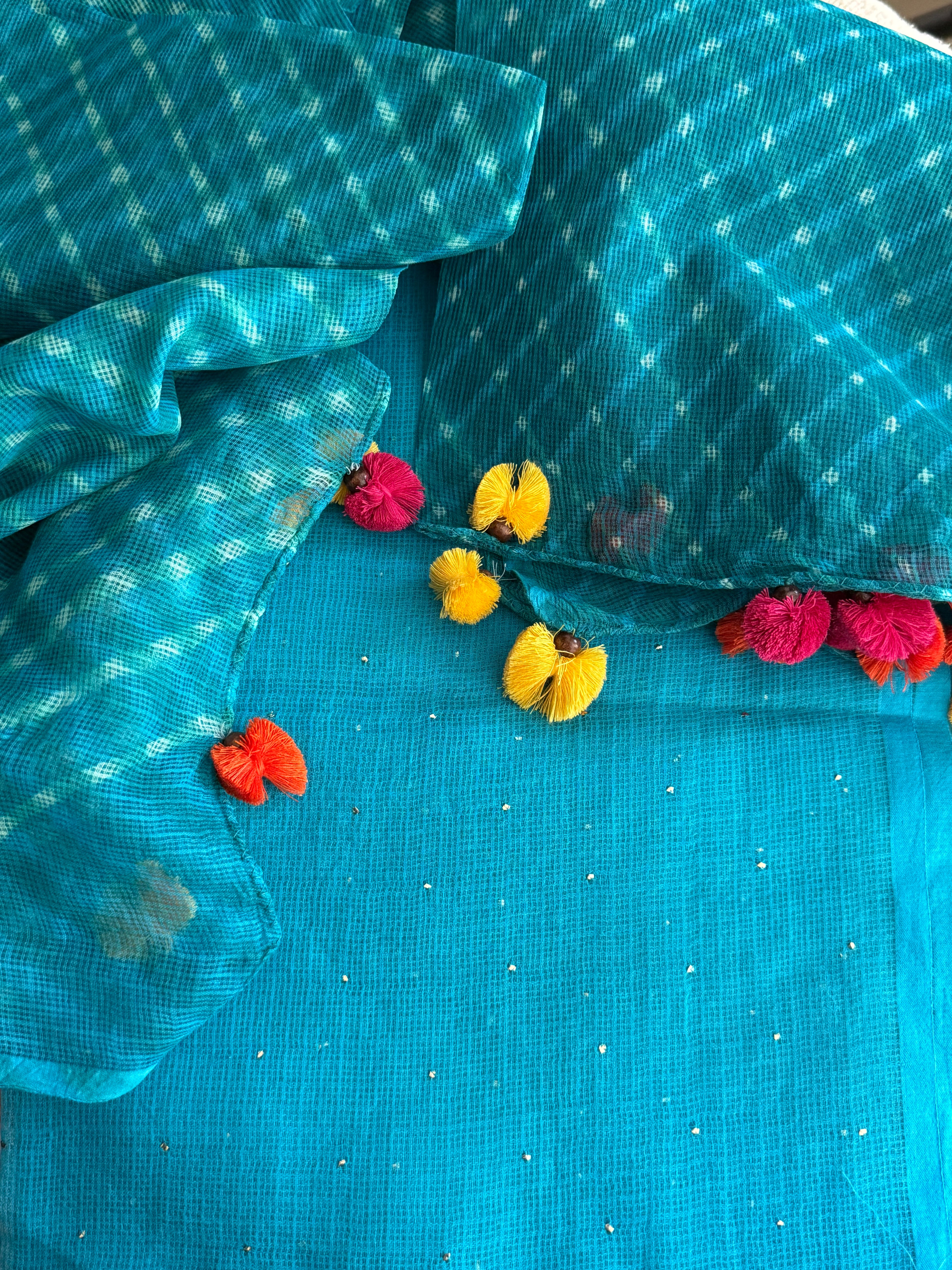 Pure kota Mukaish work kurta with kota dupatta- firozi