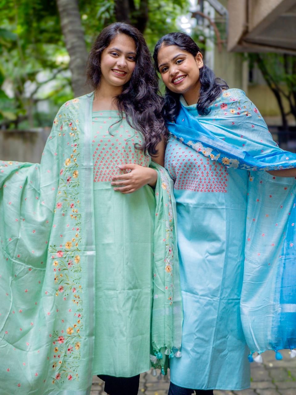 Pure cotton floral work with shaded blue dupatta
