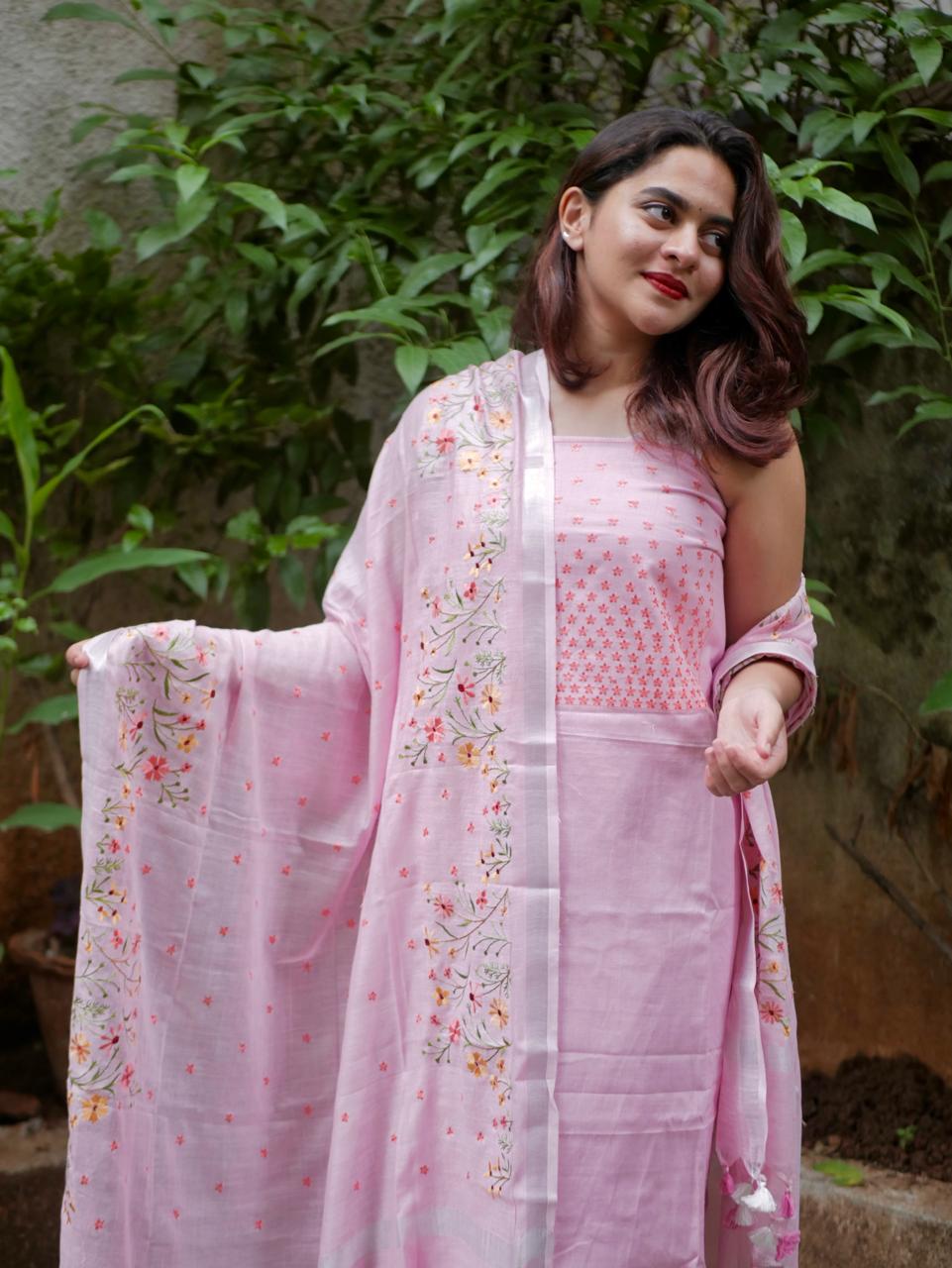 Pure cotton floral work with pink dupatta