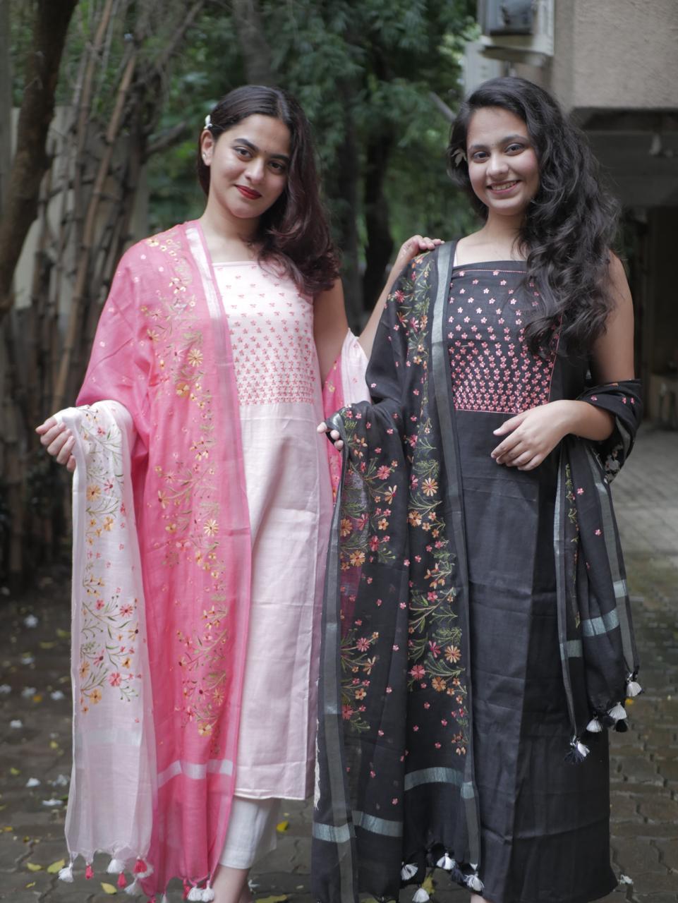 Pure cotton floral work with shaded pink dupatta