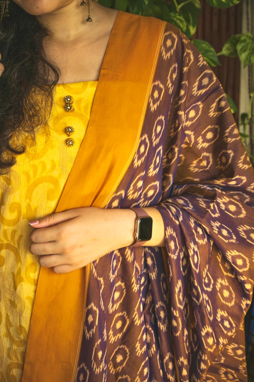 Jacquard cotton-yellow with ikkat dupatta