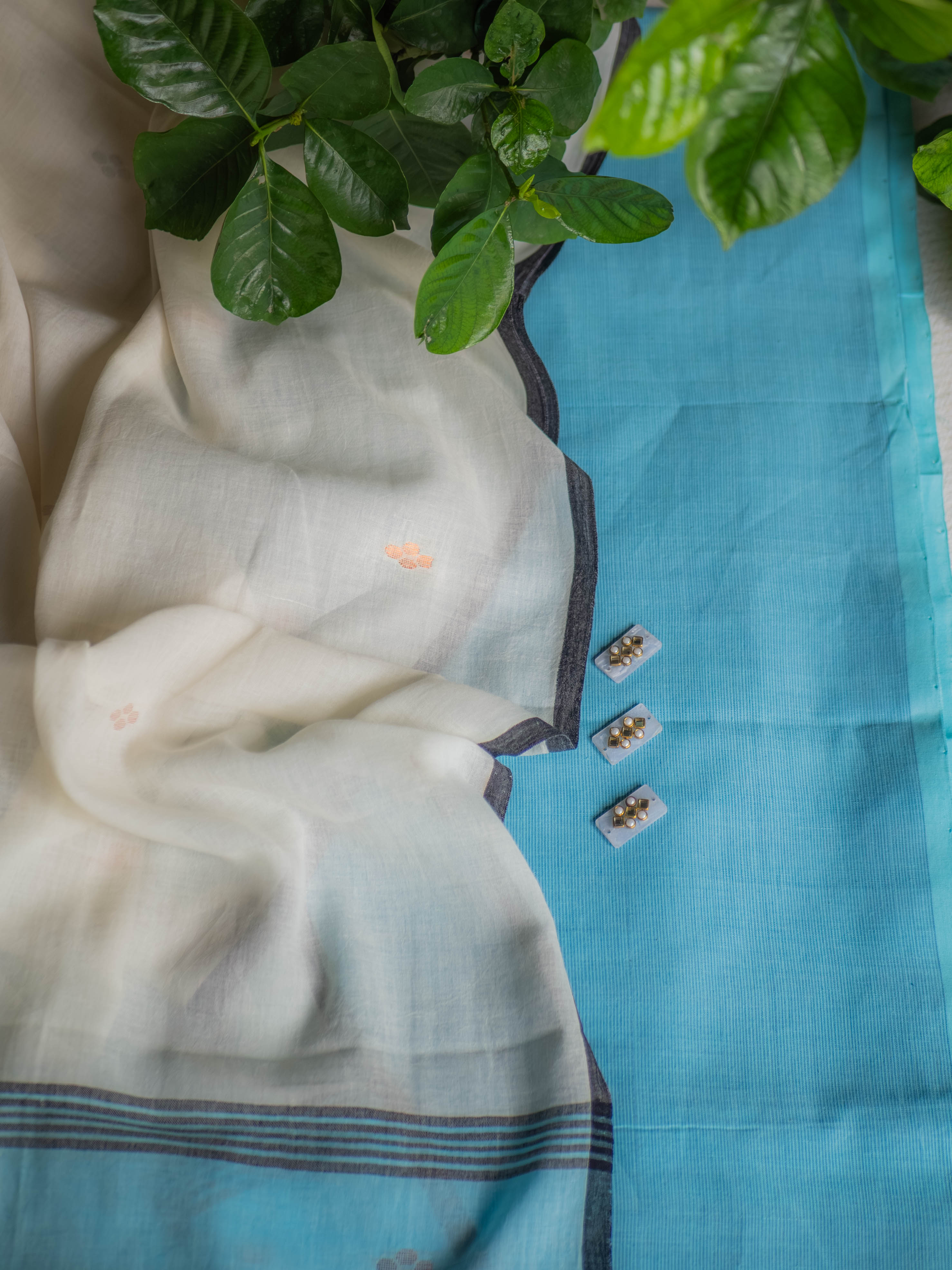 Kora cotton-light blue with cream jamdani dupatta