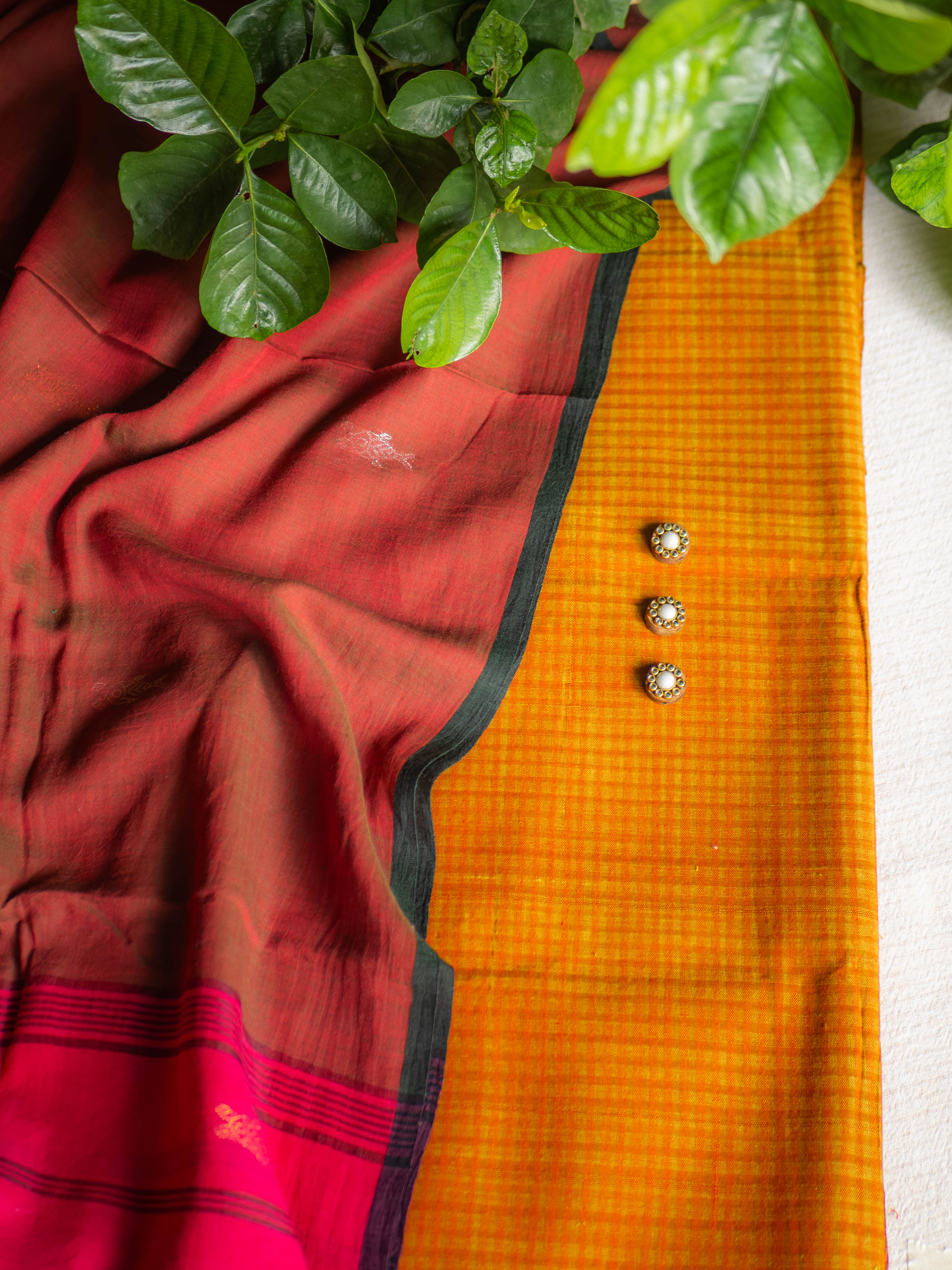 Kora checks Yellow Orange with jamdani dupatta