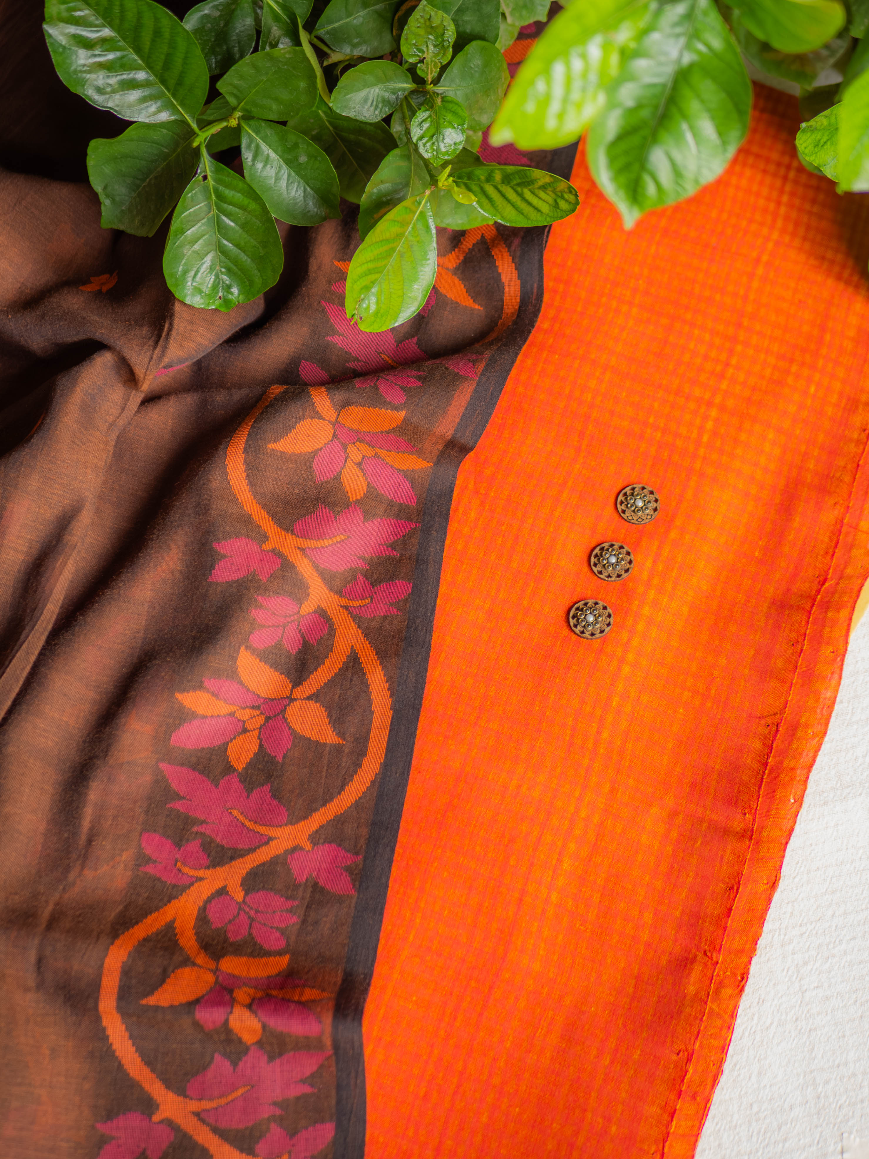 Kora cotton checks -Orange with jamdani dupatta