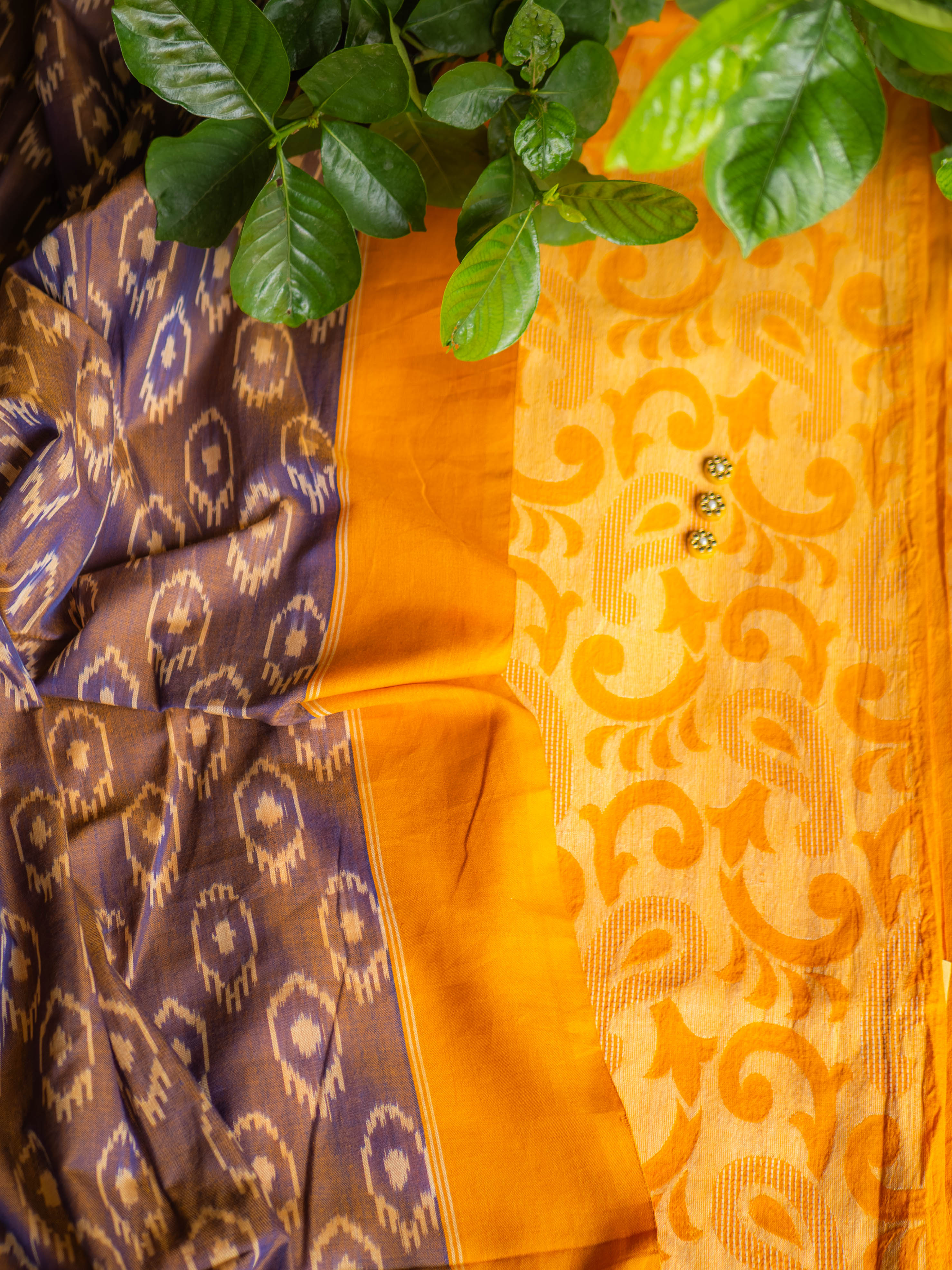 Jacquard cotton-yellow with ikkat dupatta