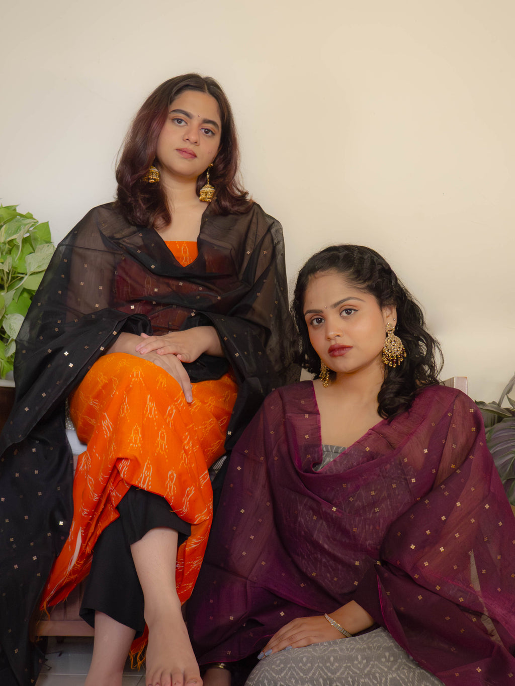 Mercerised ikkat with wine Dupatta