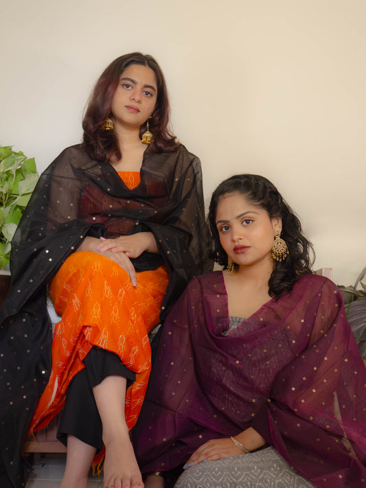 Mercerised ikkat with wine Dupatta