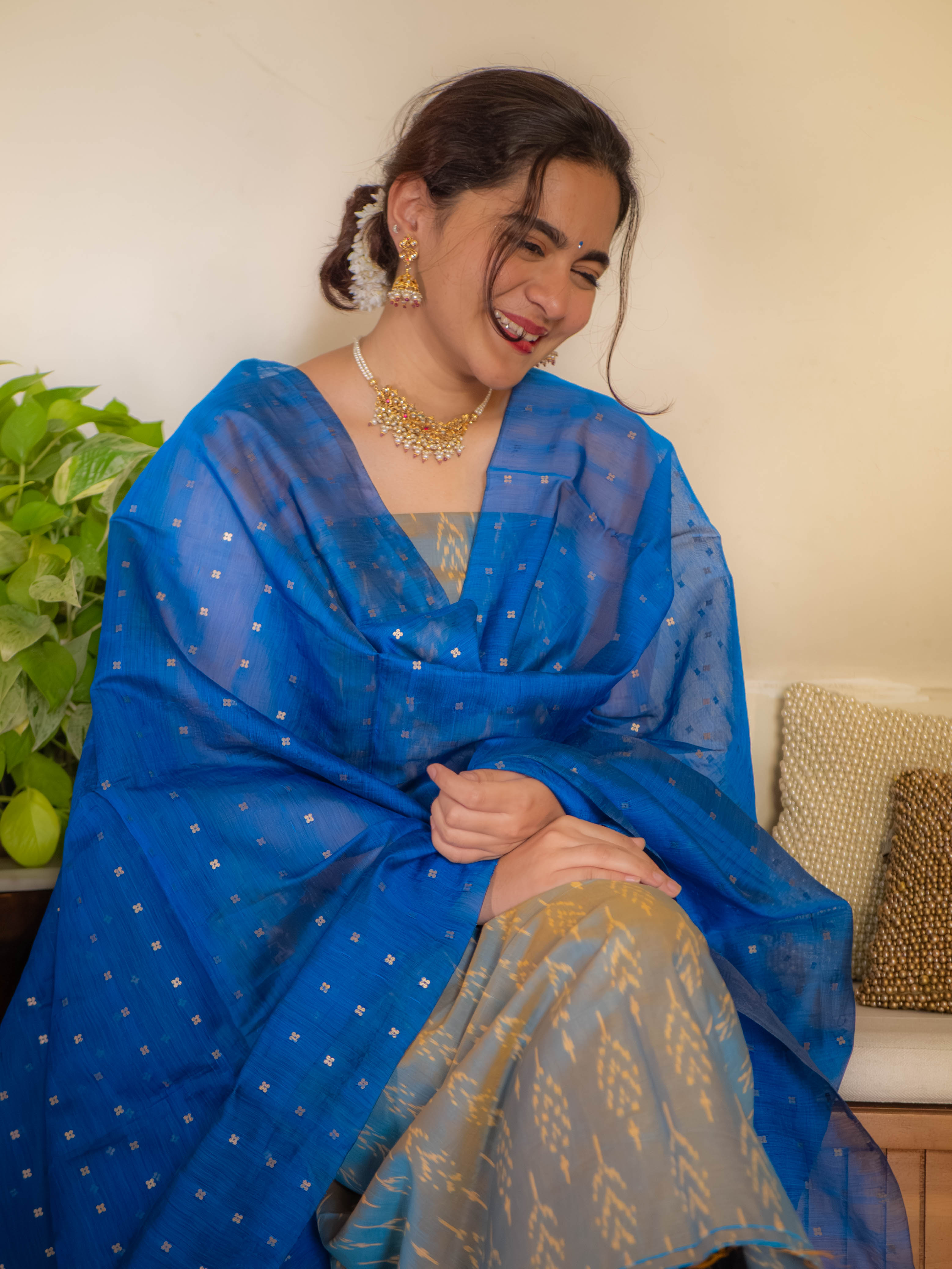 Mercerised ikkat with blue sequins Dupatta
