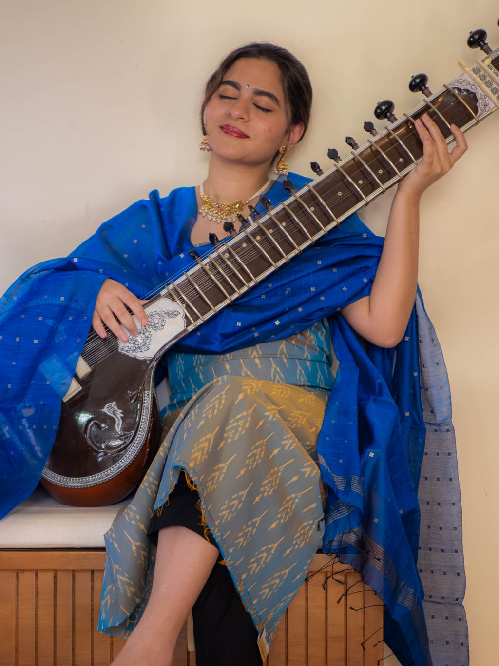 Mercerised ikkat with blue sequins Dupatta