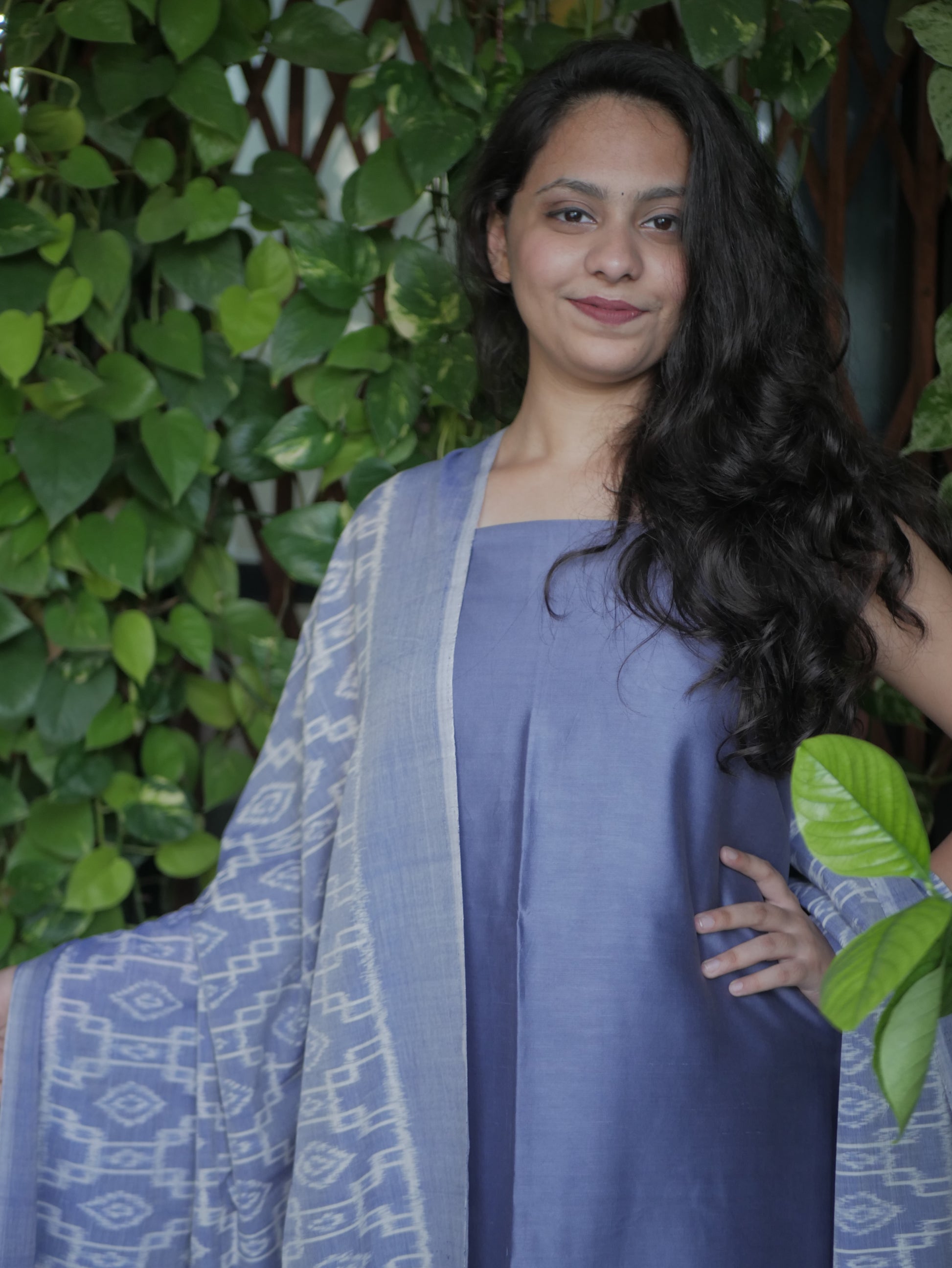 Chanderi kurta liliac with ikkat dupatta