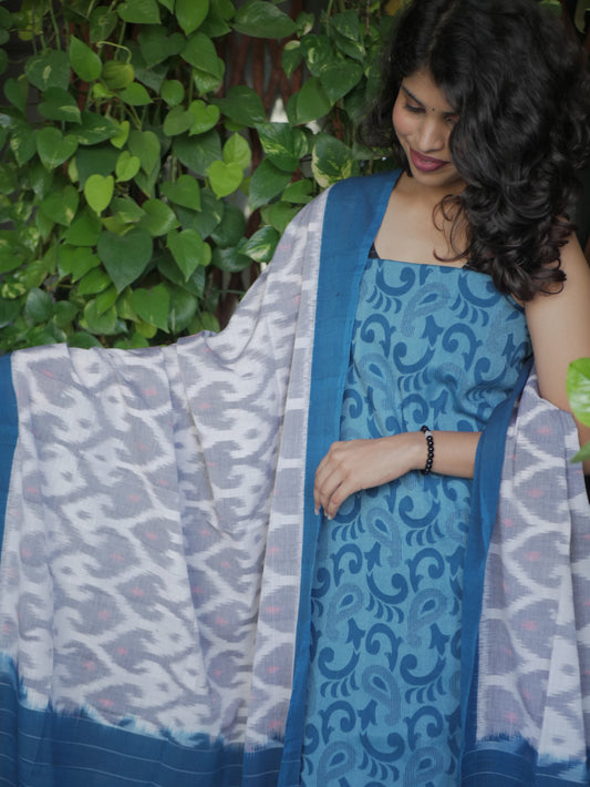Jacquard cotton blue with ikkat dupatta
