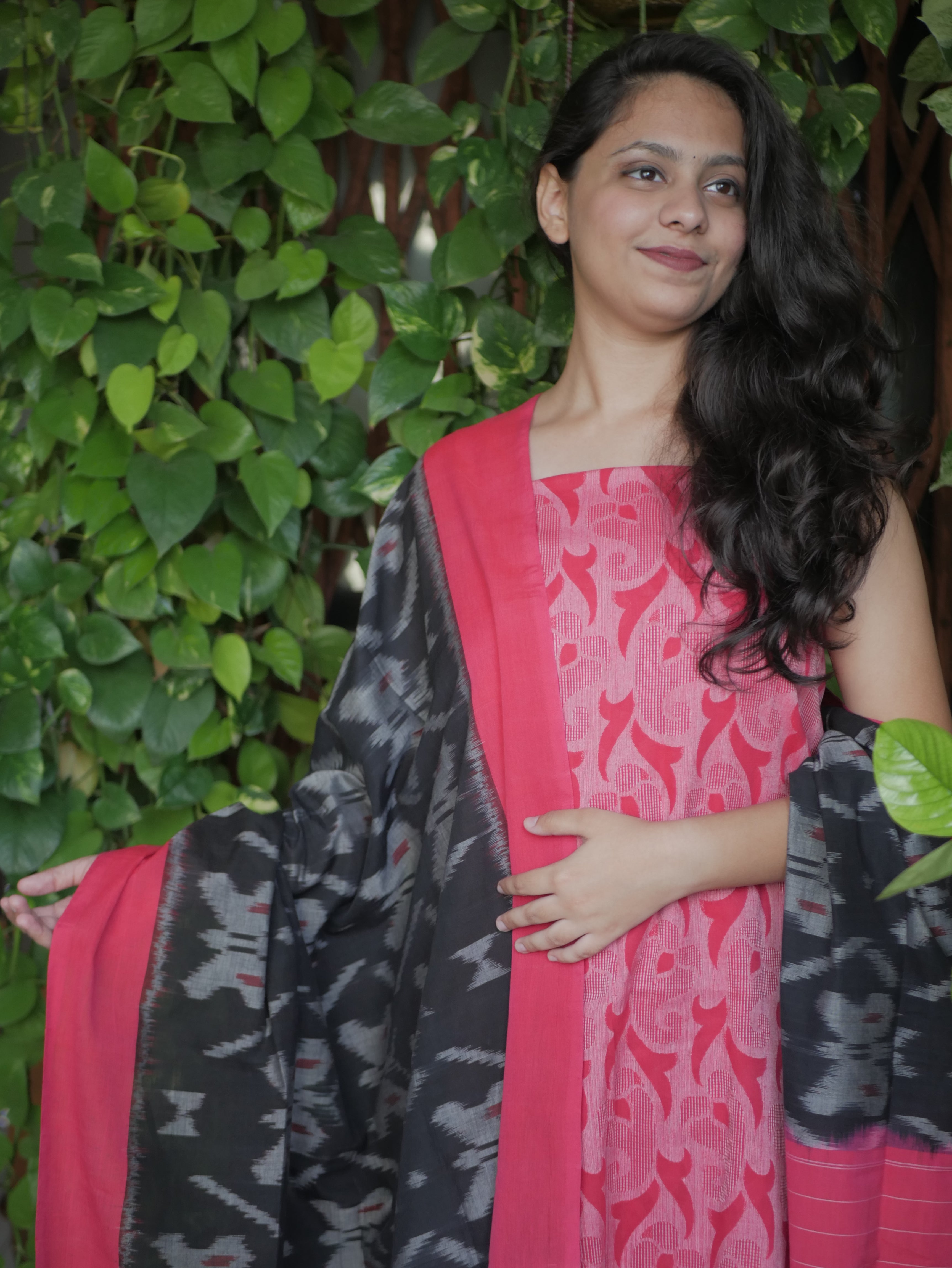 Jacquard cotton pink with ikkat dupatta