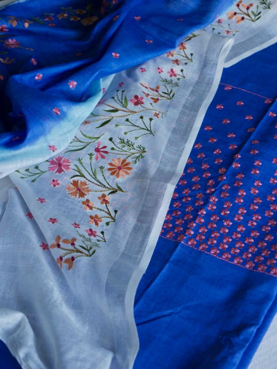 Pure cotton floral work shaded blue