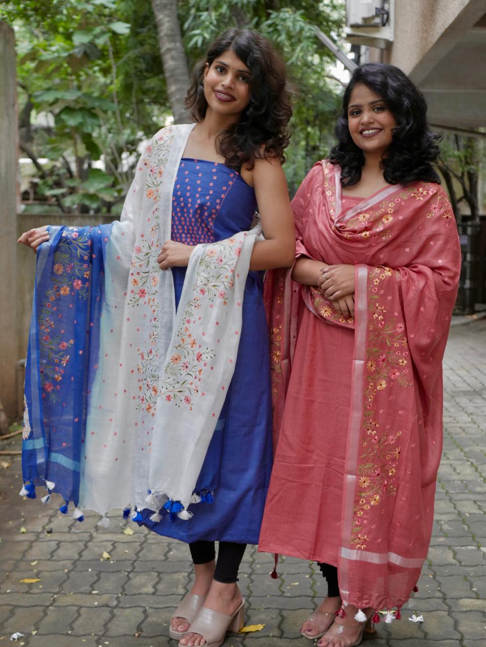 Pure cotton floral work shaded blue