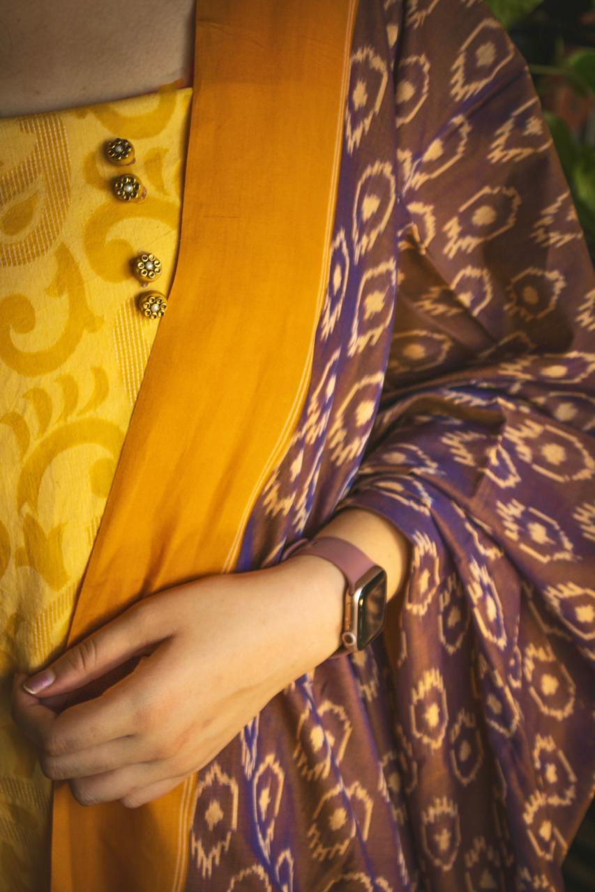 Jacquard cotton-yellow with ikkat dupatta