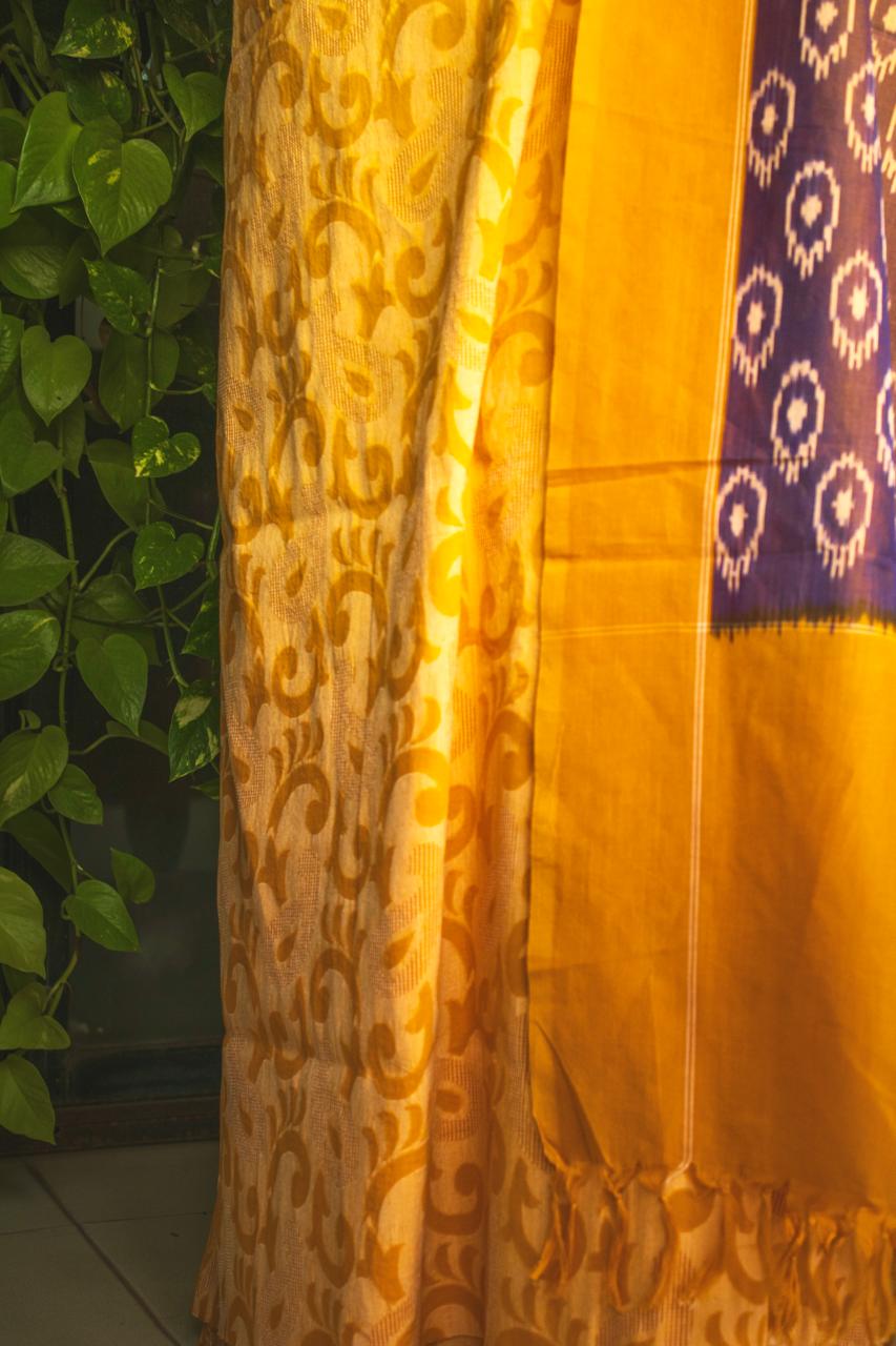 Jacquard cotton-yellow with ikkat dupatta