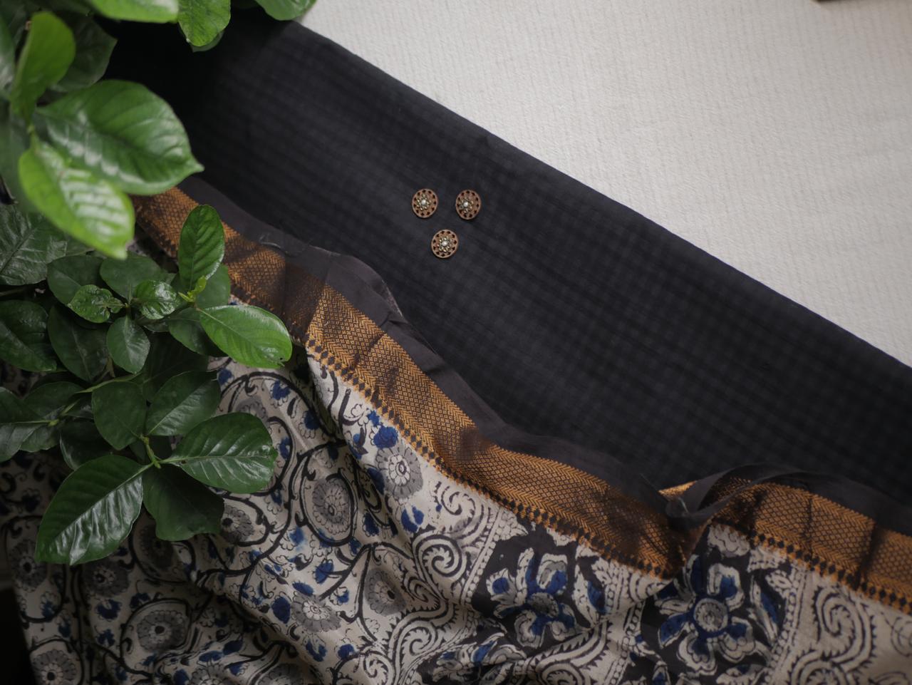 Kora cotton checks-black with kalamkari dupatta