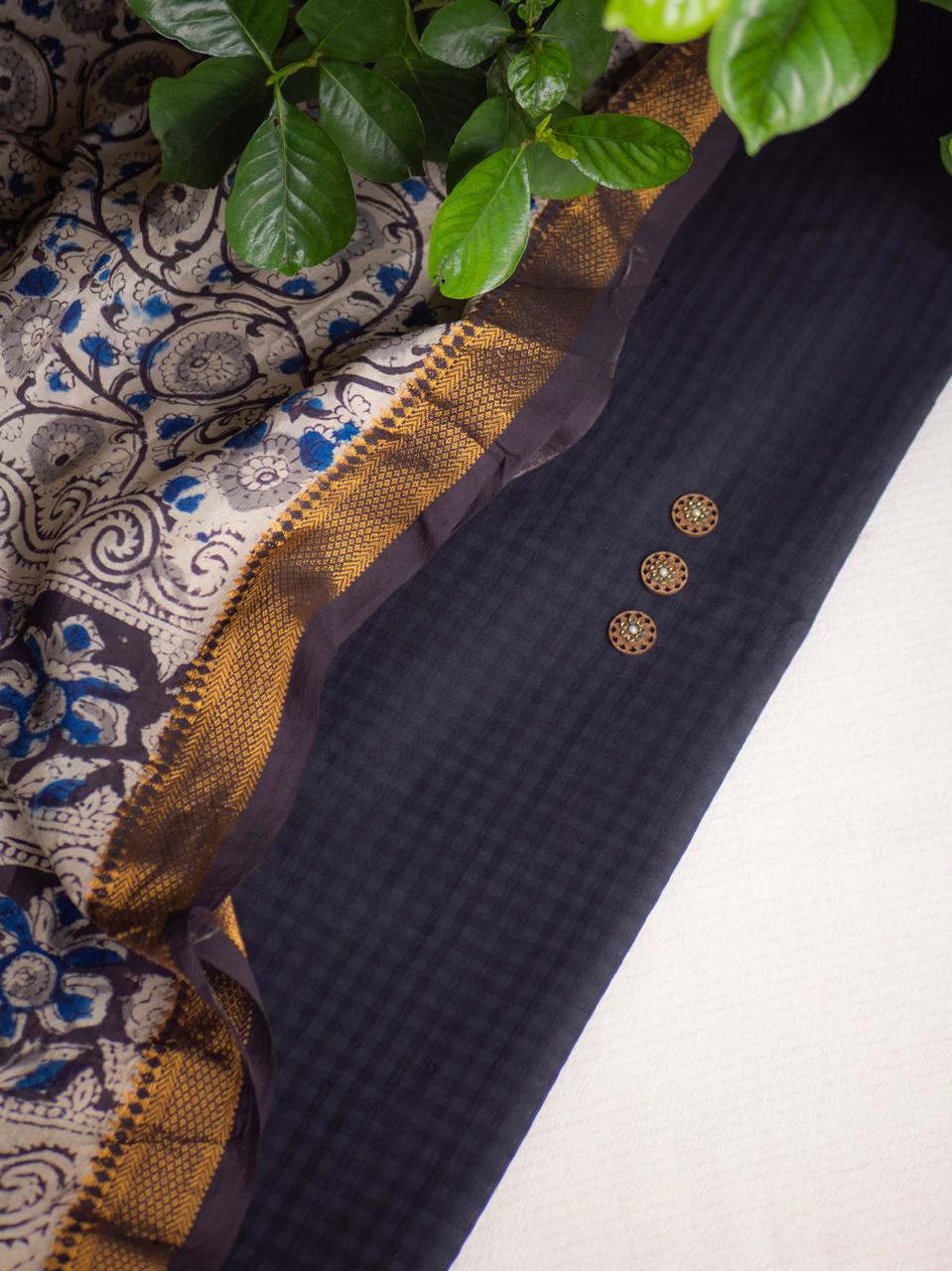 Kora cotton checks-black with kalamkari dupatta
