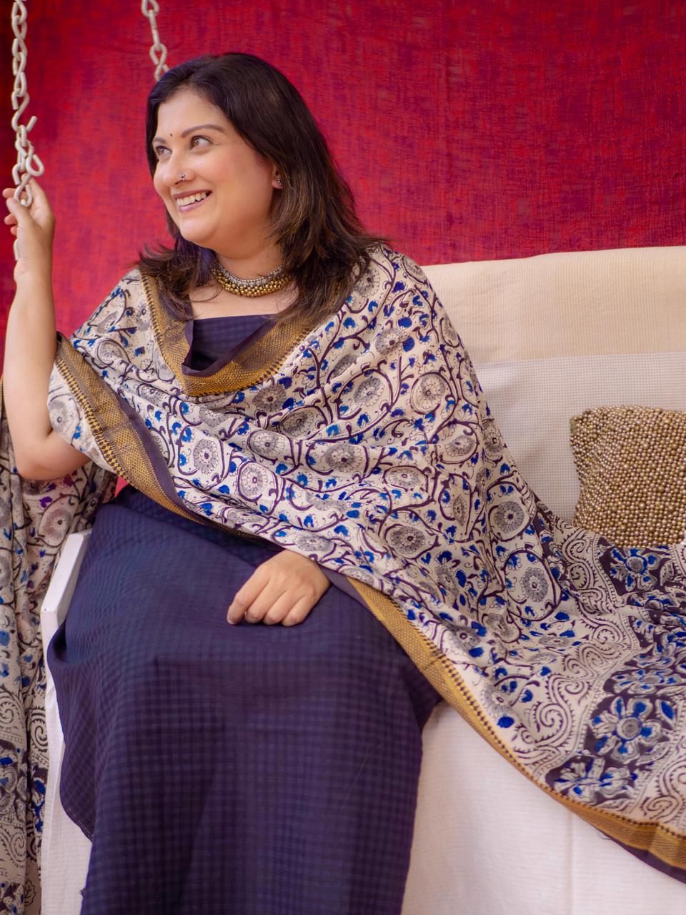 Kora cotton checks-black with kalamkari dupatta