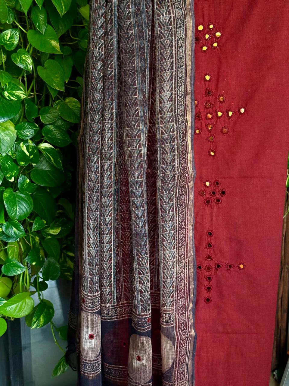 Plain Mirror work Kurta Ajrakh Kota Dupatta Maroon Red