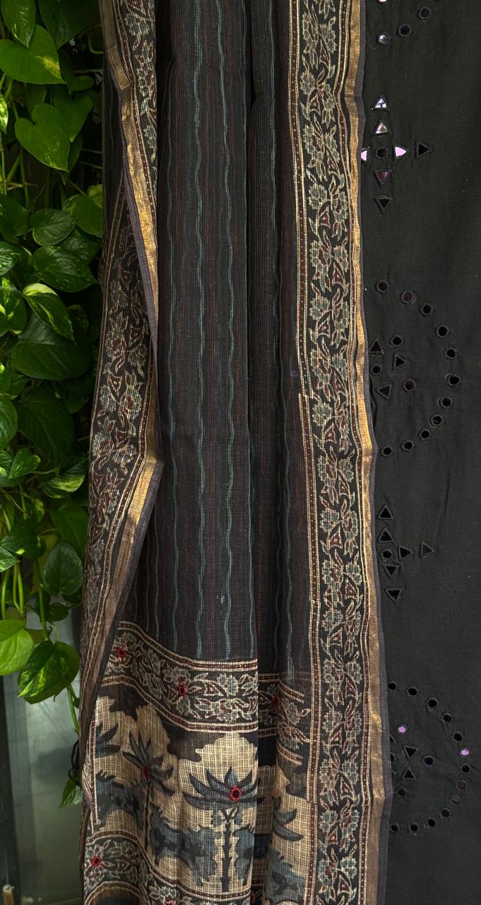 Plain Mirror work Kurta Ajrakh Kota Dupatta Black