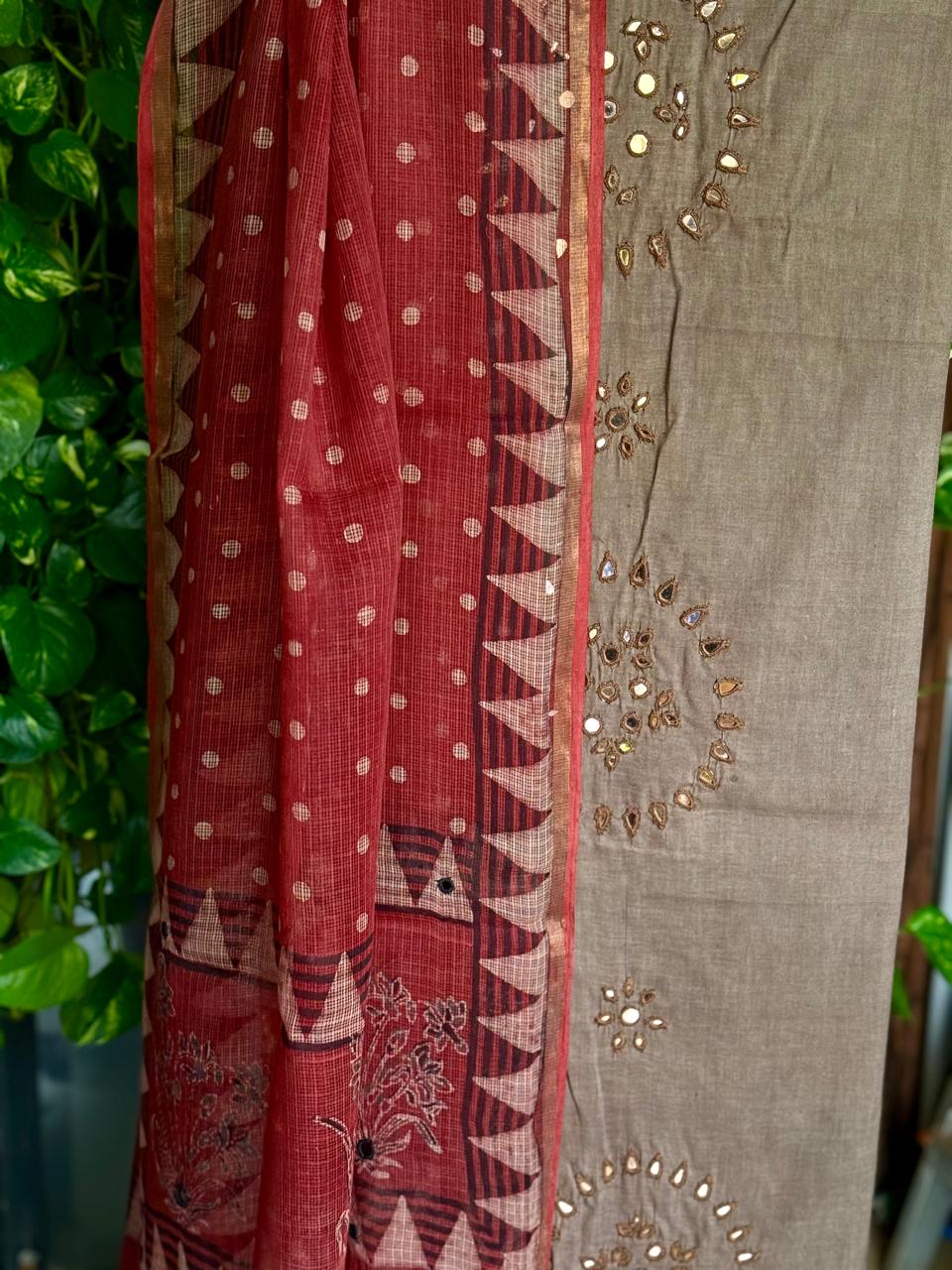 Plain Mirror work Kurta Ajrakh Kota Dupatta Light Brown