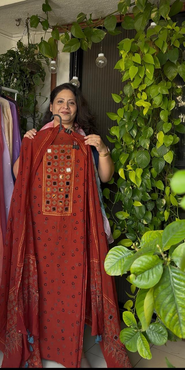 Pure cotton mirror work Ajrakh