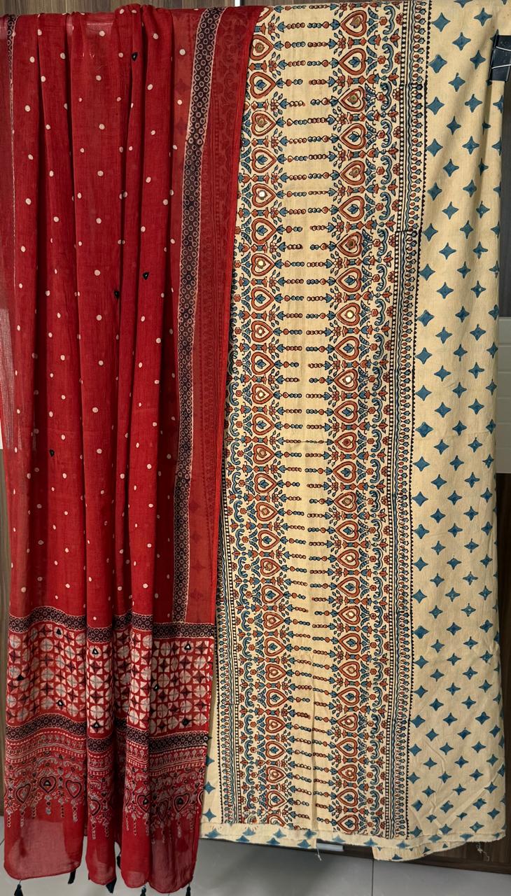 Ajrakh Blue Cream kurta Red Dupatta
