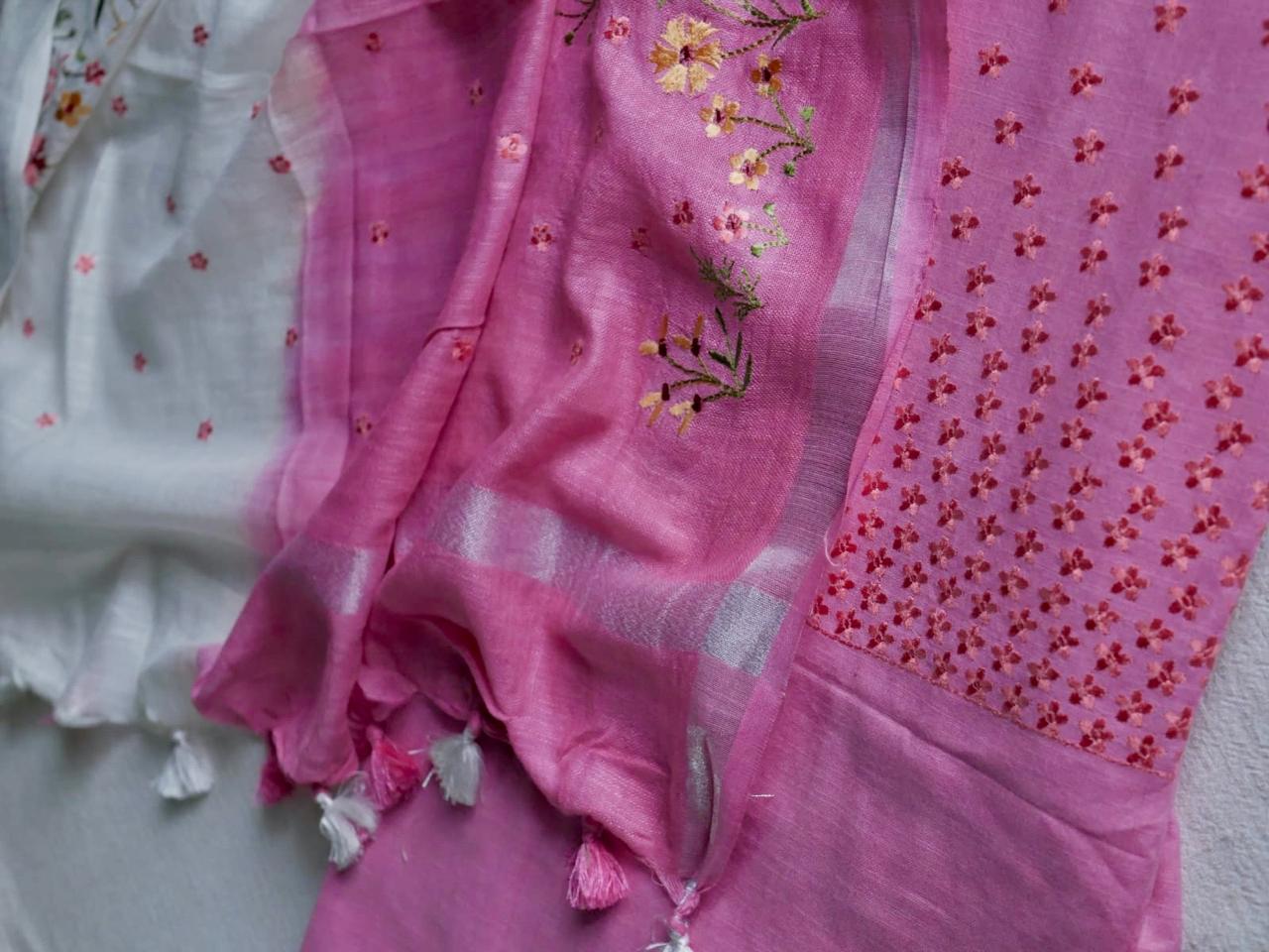 Pure cotton floral work with shaded pink dupatta