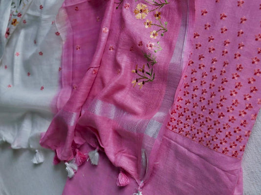 Pure cotton floral work with shaded pink dupatta