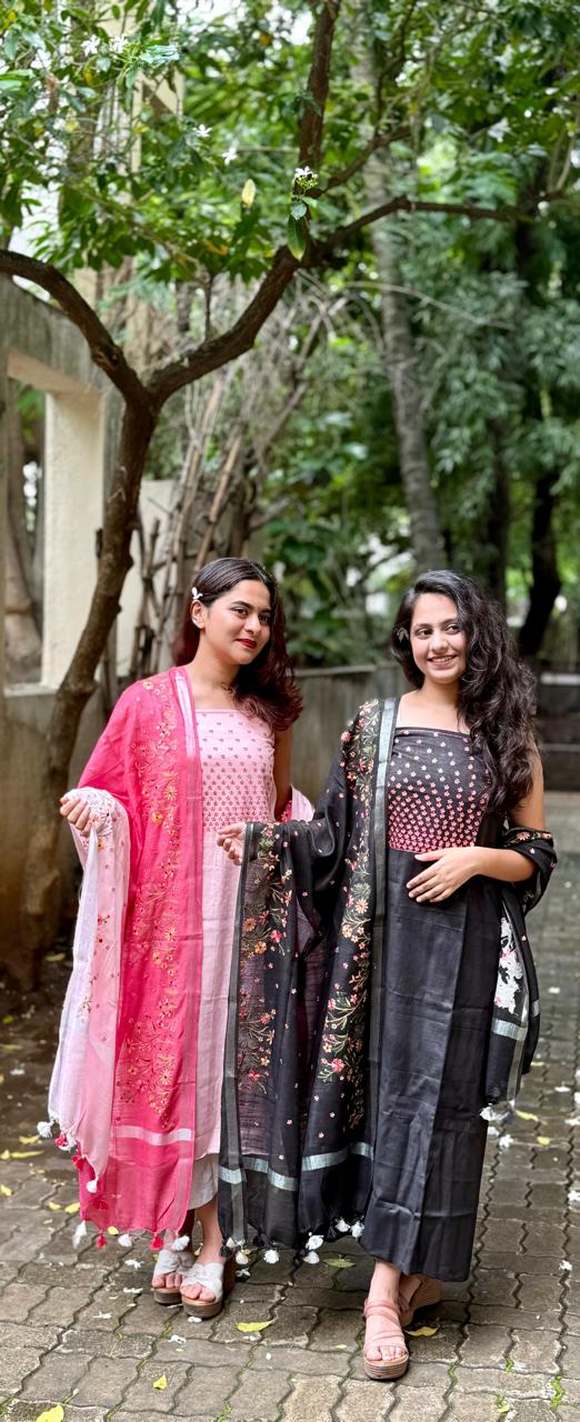 Pure cotton floral work with shaded pink dupatta