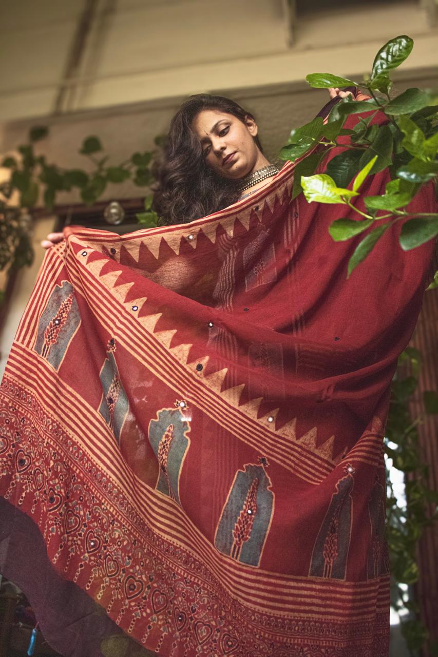 Ajrakh Black kurta Red Dupatta