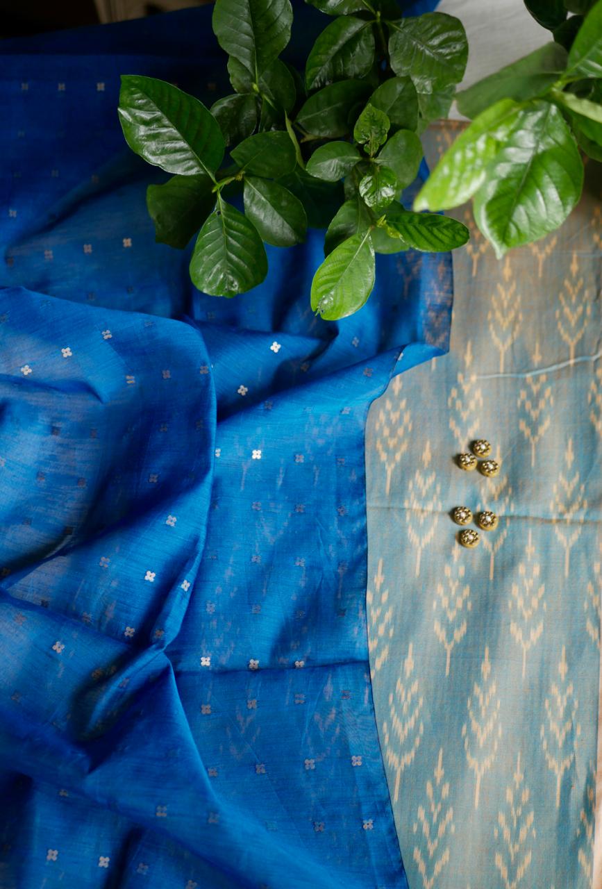 Mercerised ikkat with blue sequins Dupatta
