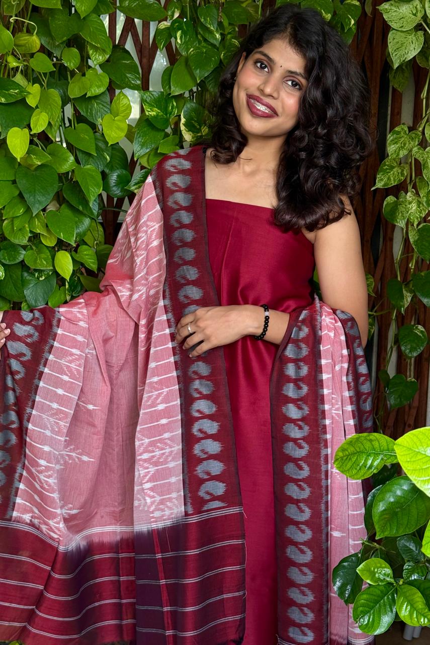 Chanderi silk Kurta with Ikkat Dupatta- maroon