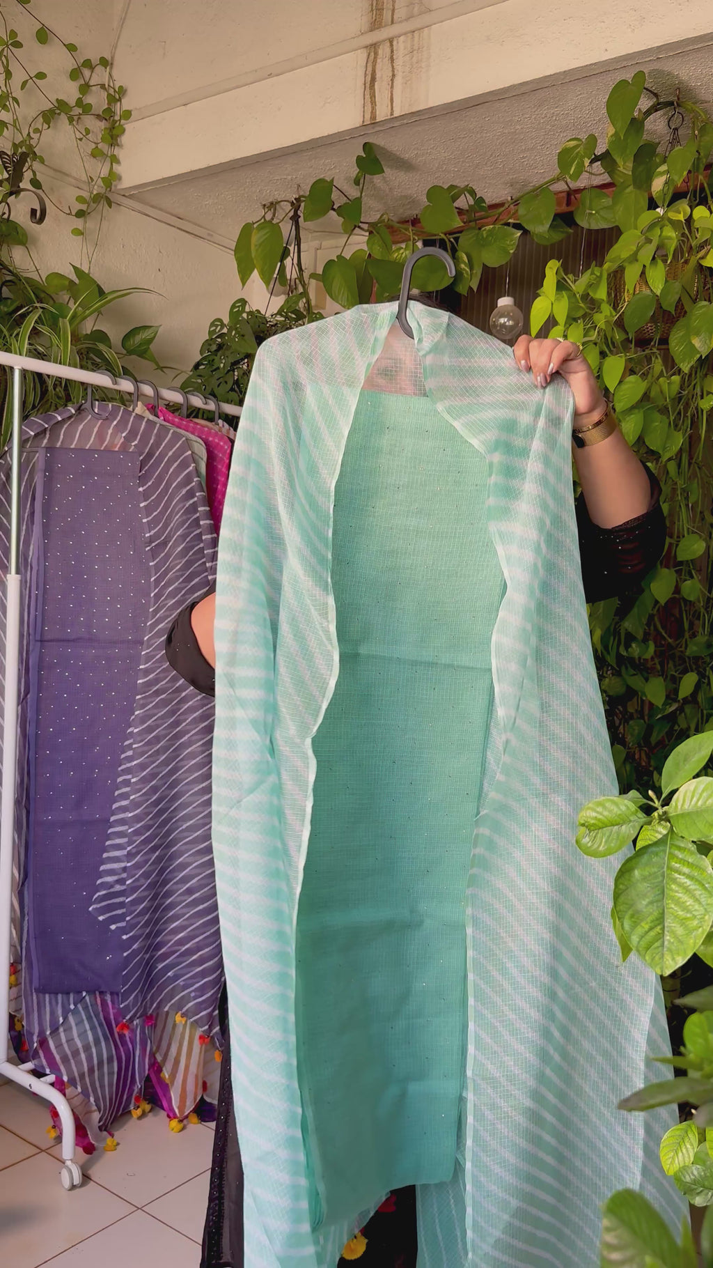 Pure kota mukaish work kurta with kota dupatta- Mint Green