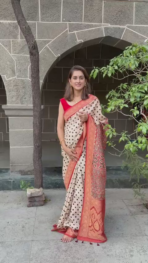 Pure Dola silk handblock printed Ajrakh saree
