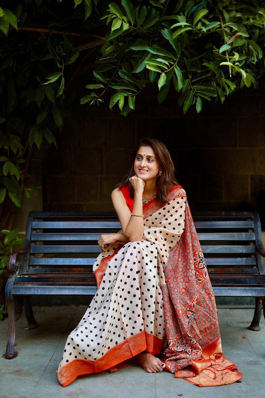 Pure Dola silk handblock printed Ajrakh saree