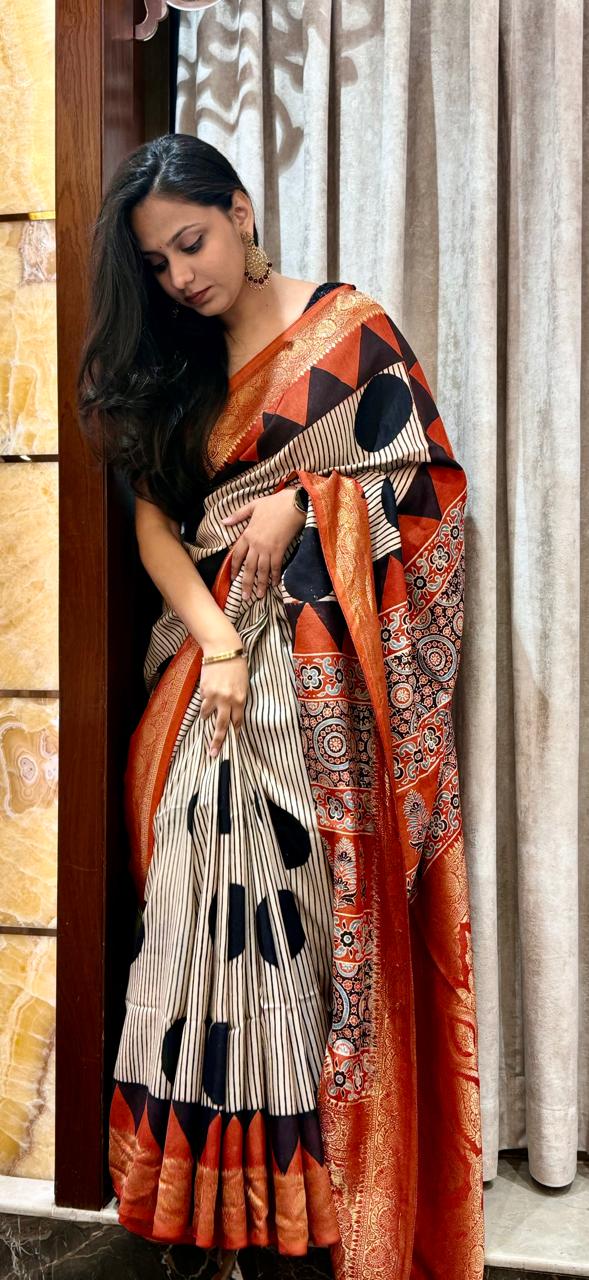 Pure Dola silk handblock printed Ajrakh saree